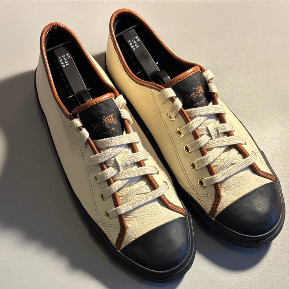 Coach Cream and Black Leather Sneakers with Brown Trim